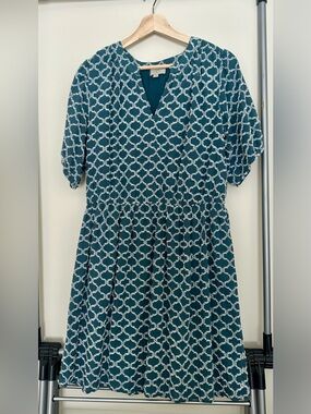 LOFT Teal & White Geometric V-Neck Dress